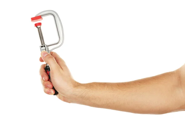 Clamp verktyg i manlig hand isolerad på vit — Stockfoto