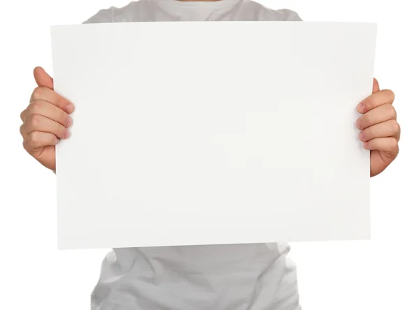 Blank sheet of paper in male hands isolated on white — Stock Photo, Image