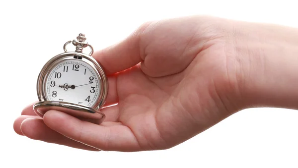 Horloge de poche argent à la main isolée sur blanc — Photo