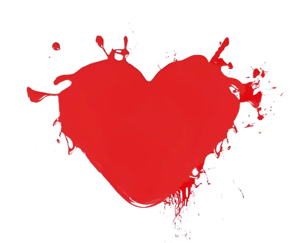 Kalp üzerinde beyaz izole kırmızı boya sıçramalarına yapılmış — Stok fotoğraf