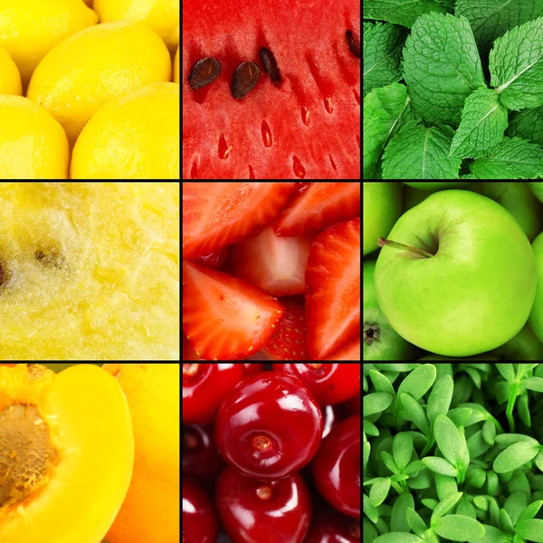 Fruits, berries and greens in colorful collage — Stock Photo, Image