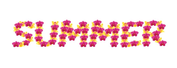 The word Summer spelt out with orchid flowers isolated on white — Stock Photo, Image