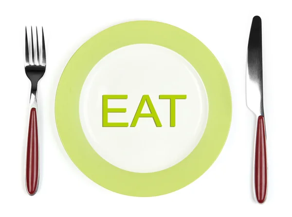 Piatto con scritta EAT su di esso, forchetta e coltello isolato su bianco — Foto Stock