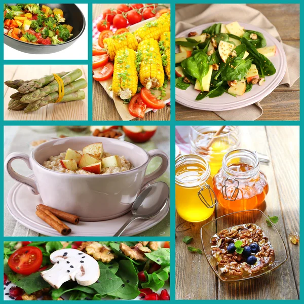 Platos y productos saludables en collage — Foto de Stock