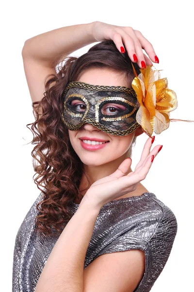 Menina bonita com máscara de mascarada isolado no branco — Fotografia de Stock