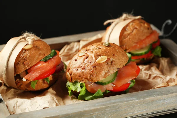 Sandwiches with salmon on tray, on dark background — Stock Photo, Image