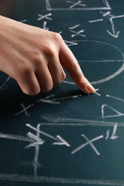 Hand under blackboard with scheme football game, closeup — Stockfoto