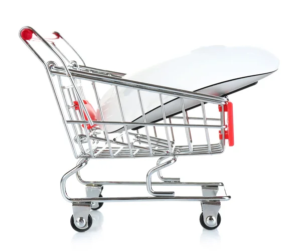 Small shopping cart with computer mouse isolated on white — Stock Photo, Image