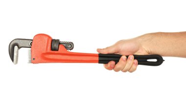 Sıhhi tesisat anahtarı üzerinde beyaz izole erkek elinde