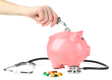 El beyaz izole pembe kumbara para ekleme