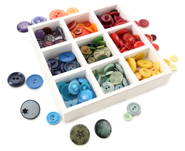 Various of sewing buttons in box isolated on white — Stock Photo, Image