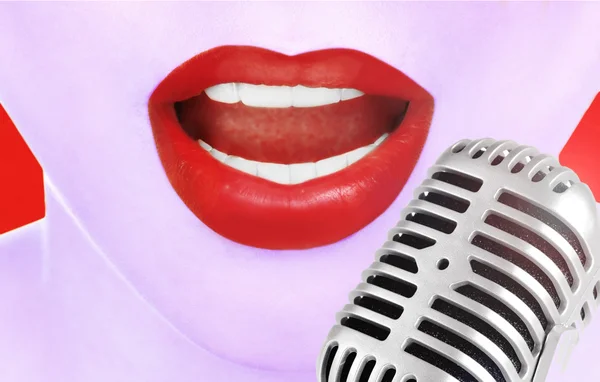 Singing woman and retro microphone — Stock Photo, Image