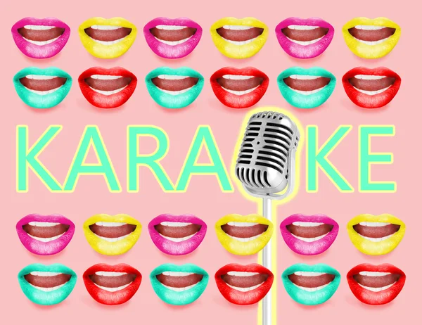 Retro mikrofon ve açık ağız parlak ruj, Karaoke kavramı ile yapılmış çerçeve — Stok fotoğraf