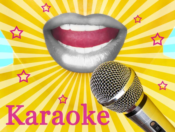 Woman with silver lips and microphone, karaoke concept — Stock Photo, Image