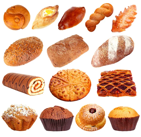 Collage of different pastries and bakery items, isolated on white — Stock Photo, Image