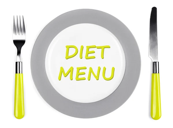 Skylt med texten "Kost menyn", gaffel och kniv isolerad på vit — Stockfoto