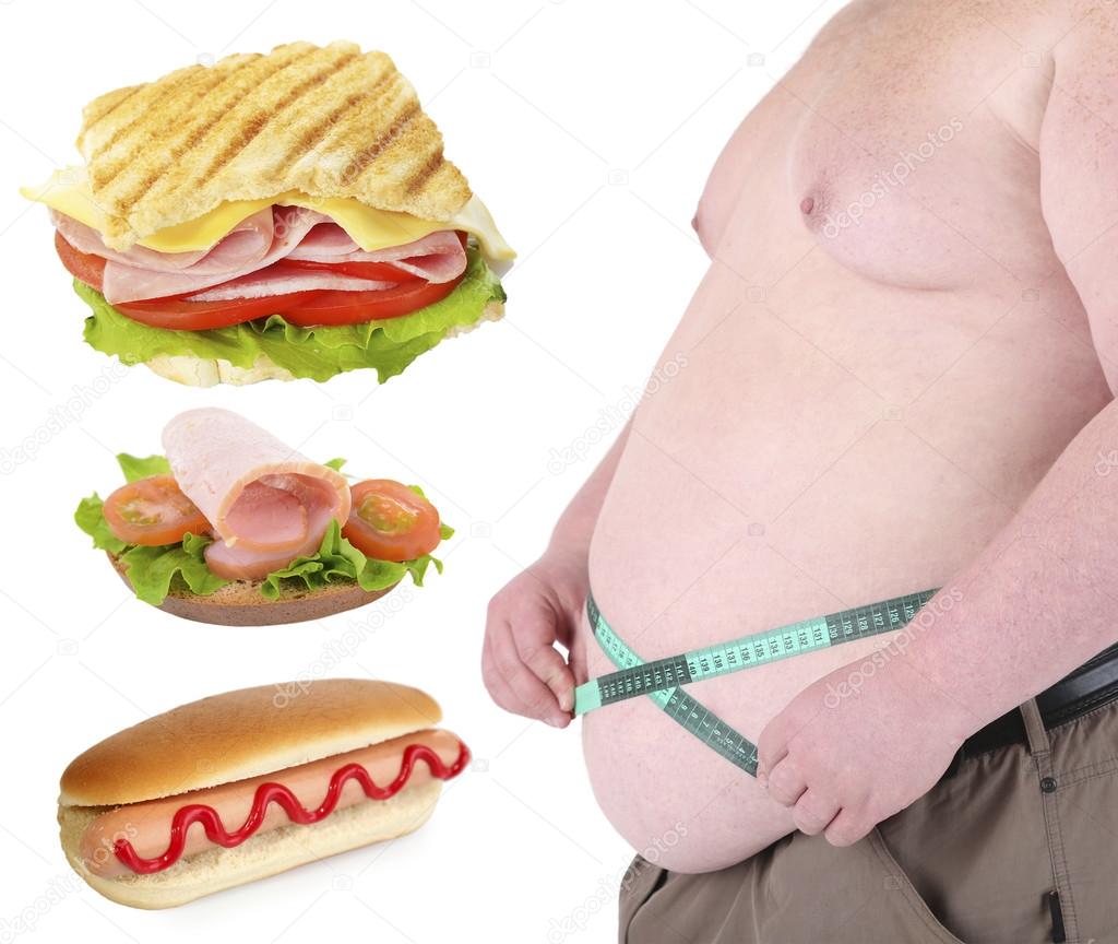 Health concept. Fat man and fastfood, isolated on white