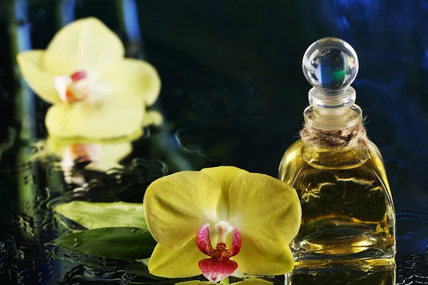 Orchid bloemen en parfums fles — Stockfoto