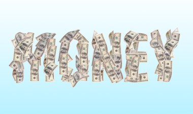 Yüz dolarlık banknotlar mavi arka plan üzerinde kelime para yapılmış