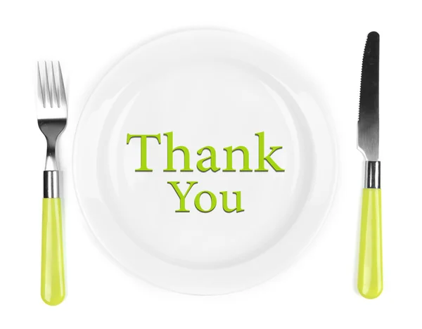 Plate with text "Thank You", fork and knife isolated on white — Stock Photo, Image