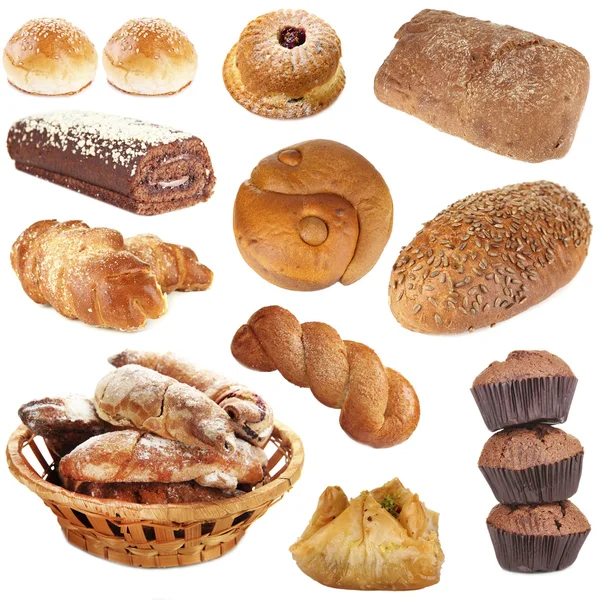 Collage de différentes pâtisseries et articles de boulangerie, isolés sur du blanc — Photo