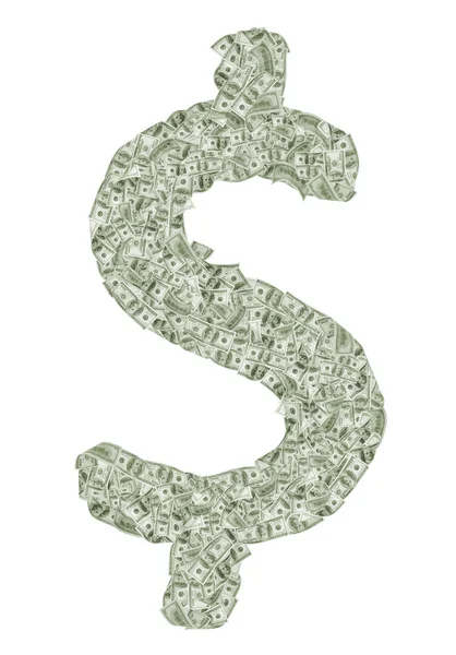 Dollar sign made of hundred dollar banknotes isolated on white — Stock Photo, Image