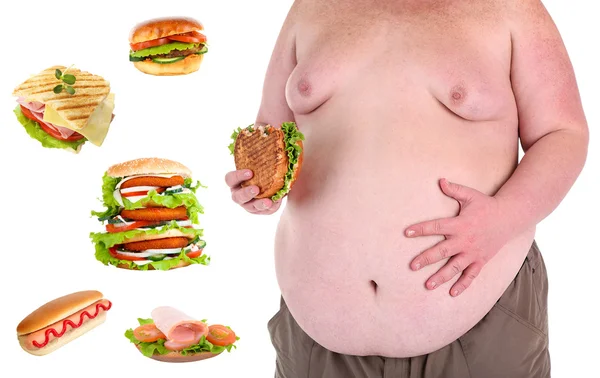 Hombre gordo y comida rápida — Foto de Stock