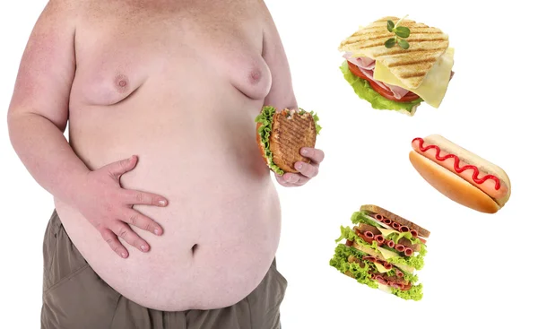 Hombre gordo y comida rápida — Foto de Stock