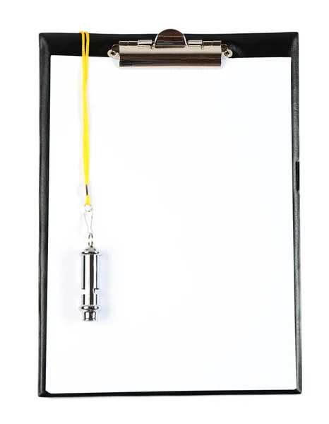 Clipboard with whistle isolated on white — Stock Photo, Image