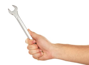 Beyaz izole erkek elinde metal İngiliz anahtarı