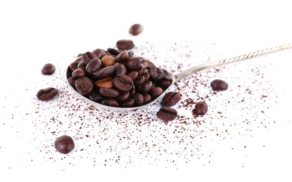 Coffee beans in spoon isolated on white — Stock Photo, Image