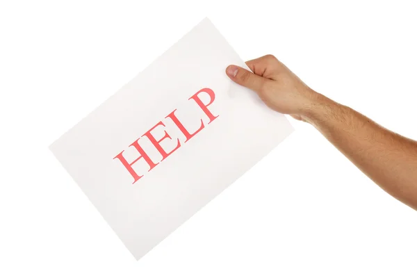 Лист бумаги с табличкой "Помощь" в мужской руке изолирован на белом — стоковое фото
