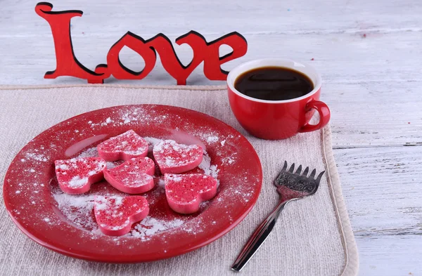 Romantic still life with cookies in form of heart on color wooden planks background — Stock Photo, Image