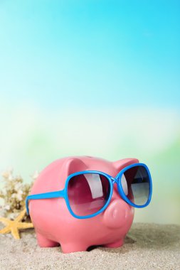 Sahilde güneş gözlüğü ile Piggy banka
