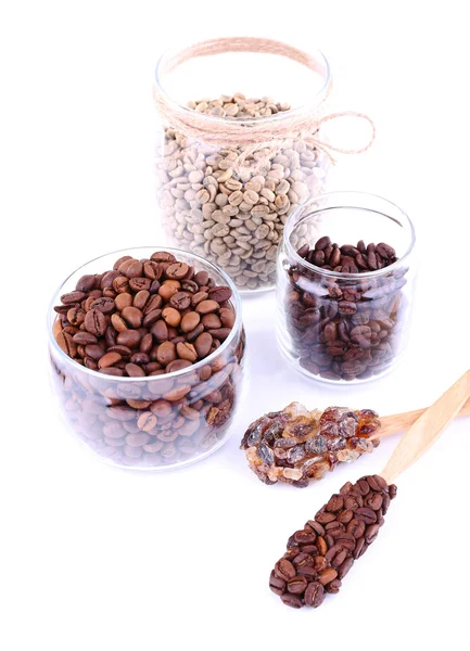 Coffee beans in glass jars isolated on white — Stock Photo, Image