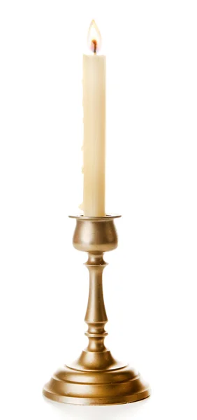 Retro candlestick with candle, isolated on white — Stock Photo, Image