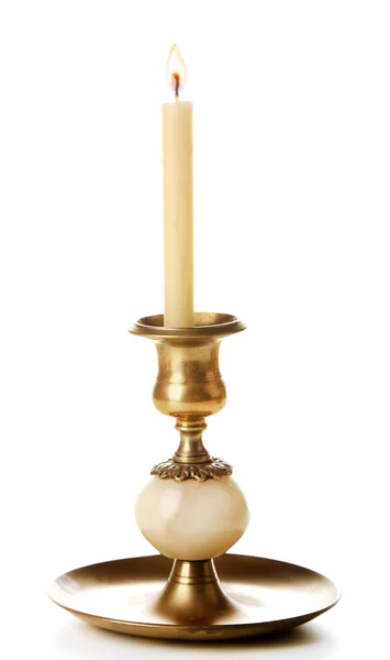Candeliere retrò con candela, isolato su bianco — Foto Stock