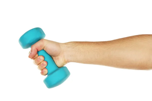 Male hand with dumbbell isolated on white — Stock Photo, Image