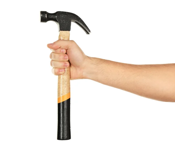 Manlig hand med hammare isolerad på vit — Stockfoto