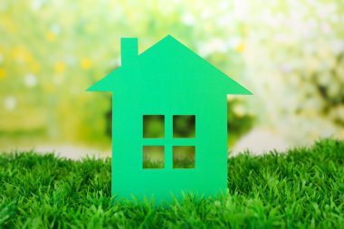 Kesme kağıt ev yeşil çimenlerin üzerinde ve parlak arka plan bulanık