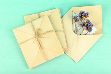 Ahşap arka plan üzerinde kuru çiçekler ile eski mektupları