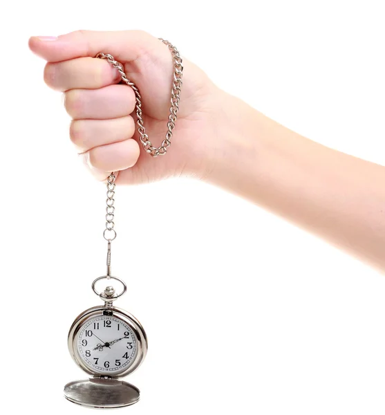 Срібний кишеньковий годинник в руці ізольовано на білому — стокове фото