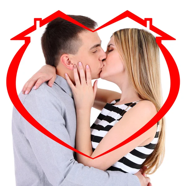 Älskande par i ritning hus — Stockfoto