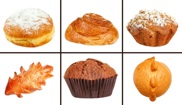 Collage de différentes pâtisseries et articles de boulangerie, isolés sur du blanc — Photo
