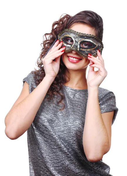 Beautiful girl with masquerade mask isolated on white — Stock Photo, Image