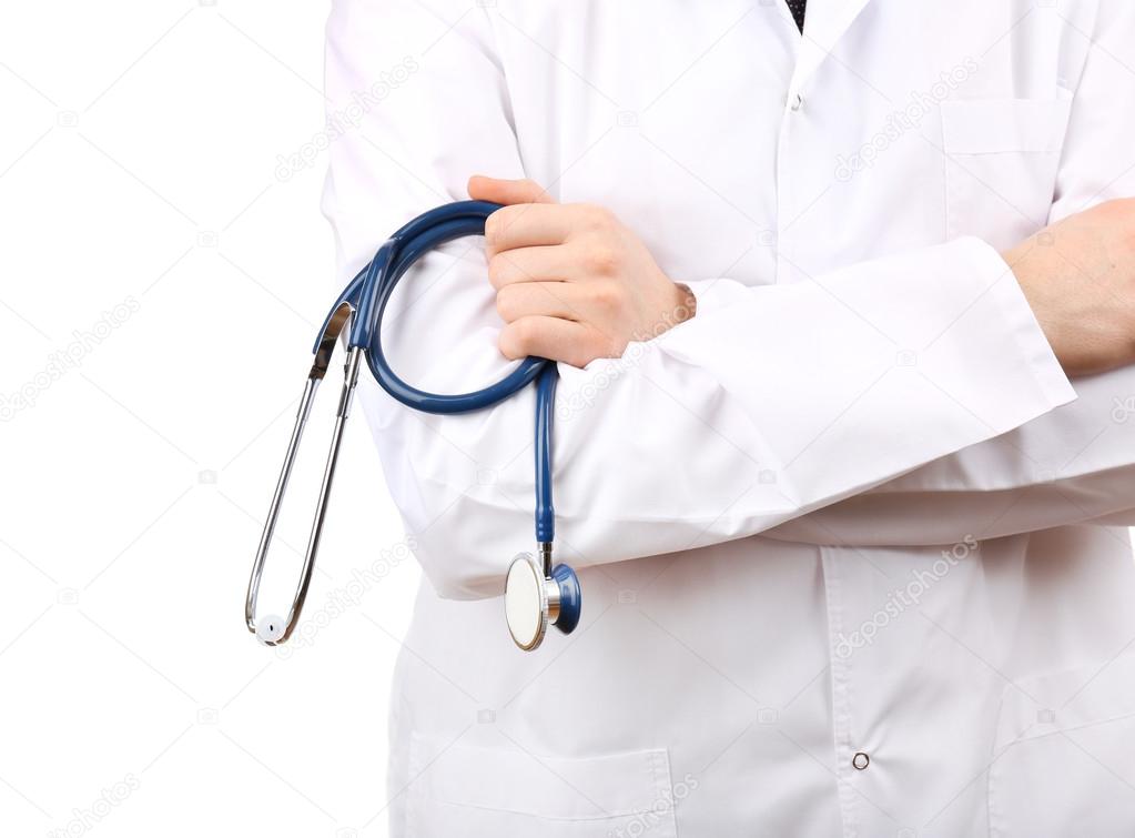 Male doctor with stethoscope isolated on white