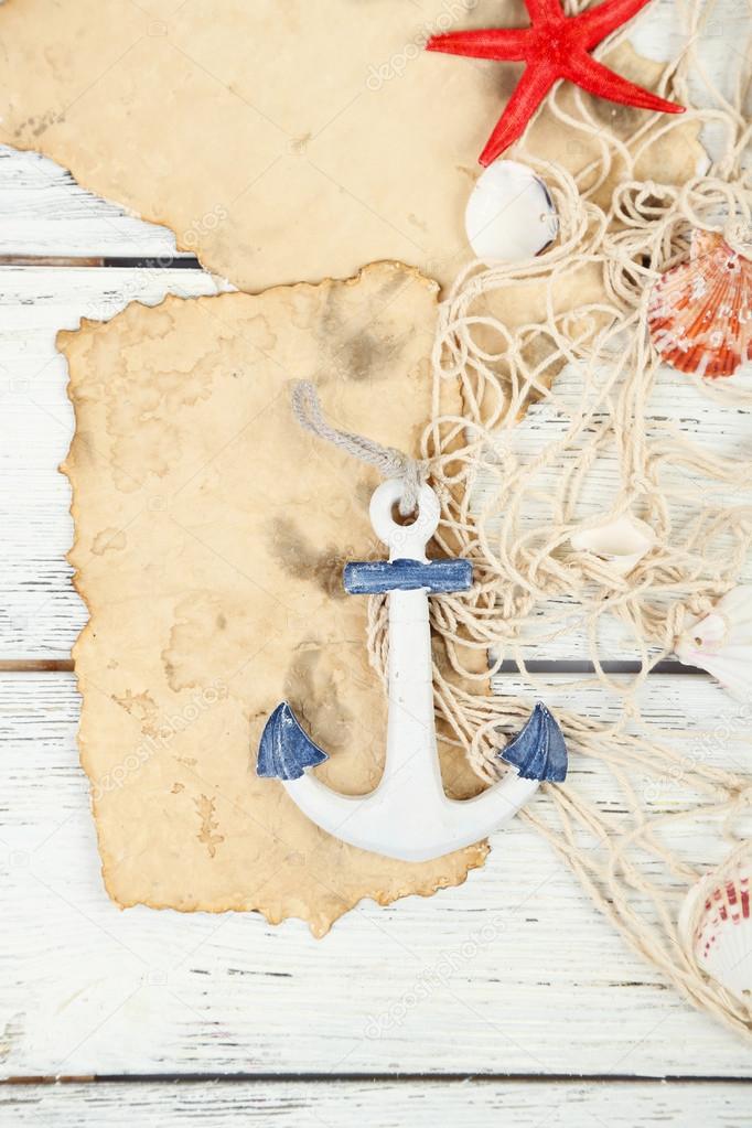 Decor of seashells on wooden table background