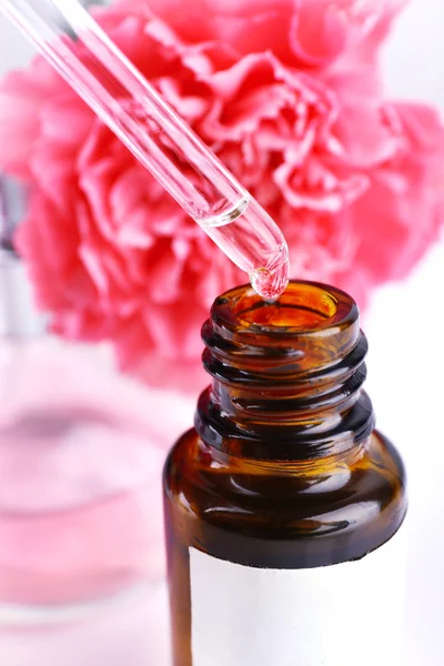 Damlalık şişe parfüm ile beyaz arka plan üzerinde karanfil