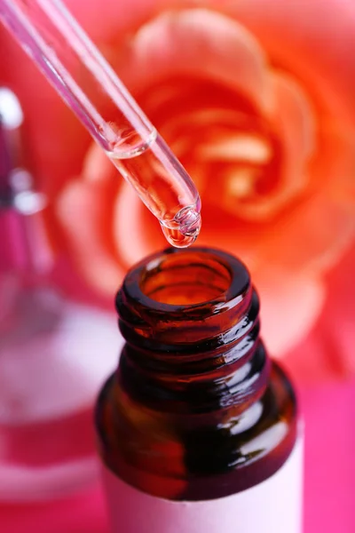 Dropper bottle of perfume with rose on pink background — Stock Photo, Image