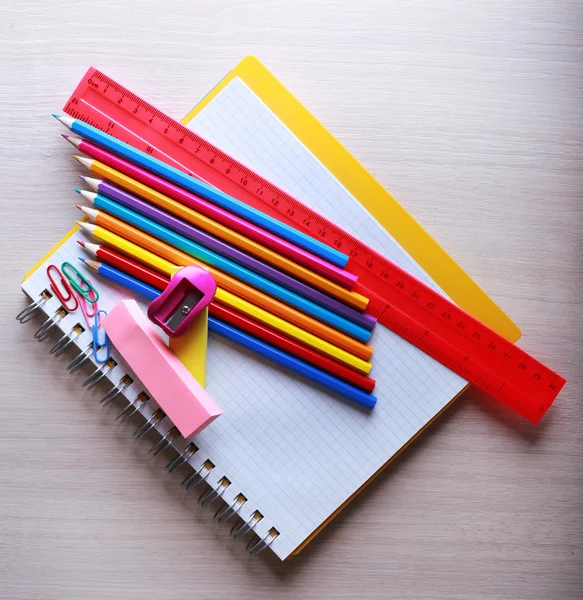 School supplies on desk, close-up — Stock Photo, Image